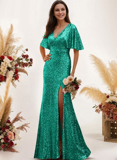 Sheath/Column V-Neck Short Sleeves Sequined Bridesmaid Dresses With Split Front
