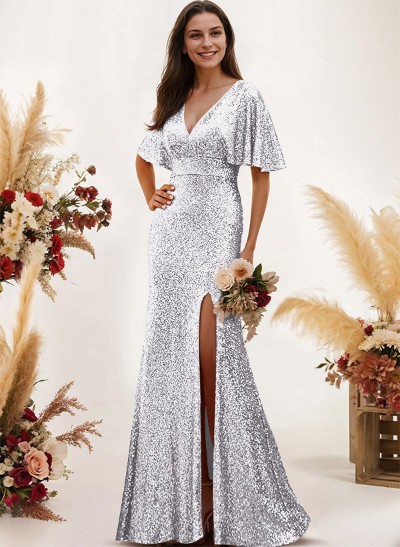 Sheath/Column V-Neck Short Sleeves Sequined Bridesmaid Dresses With Split Front