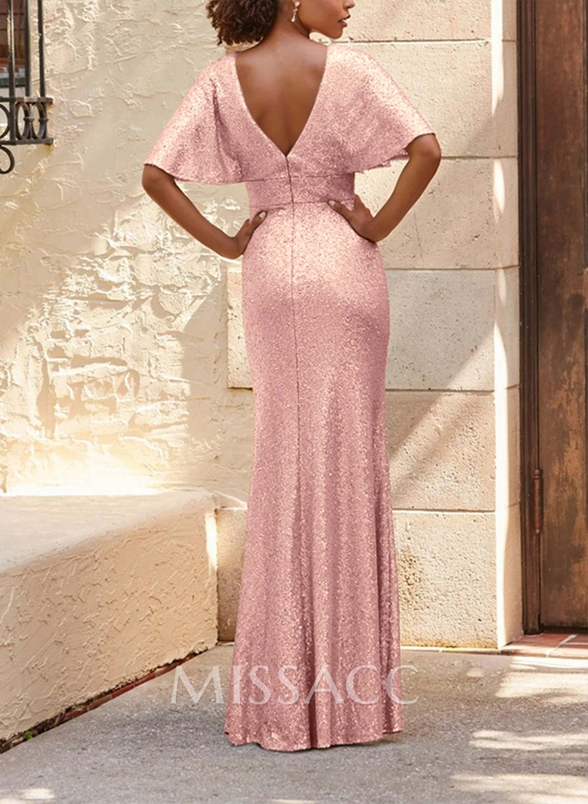 Sheath/Column V-Neck Short Sleeves Sequined Bridesmaid Dresses With Split Front Sheath/Column V-Neck Short Sleeves Sequined Bridesmaid Dresses With Split Front