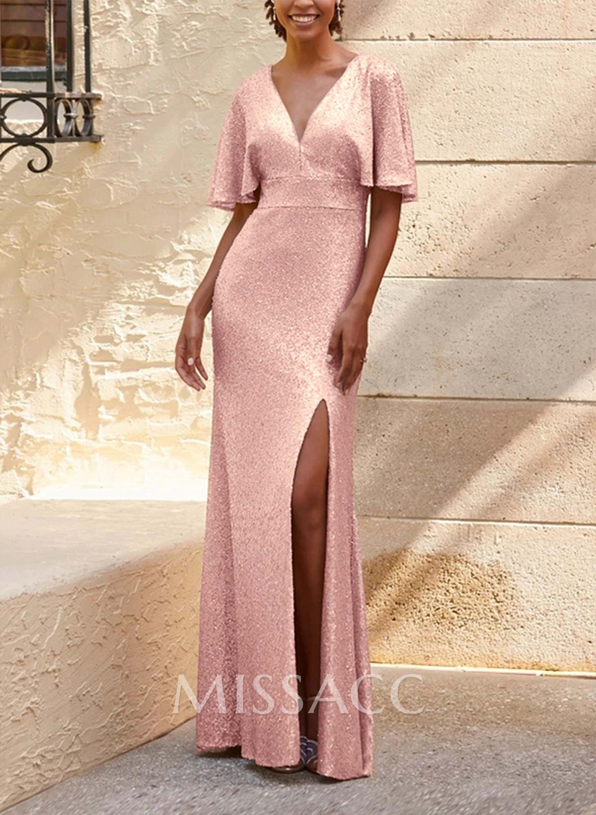 Sheath/Column V-Neck Short Sleeves Sequined Bridesmaid Dresses With Split Front Sheath/Column V-Neck Short Sleeves Sequined Bridesmaid Dresses With Split Front