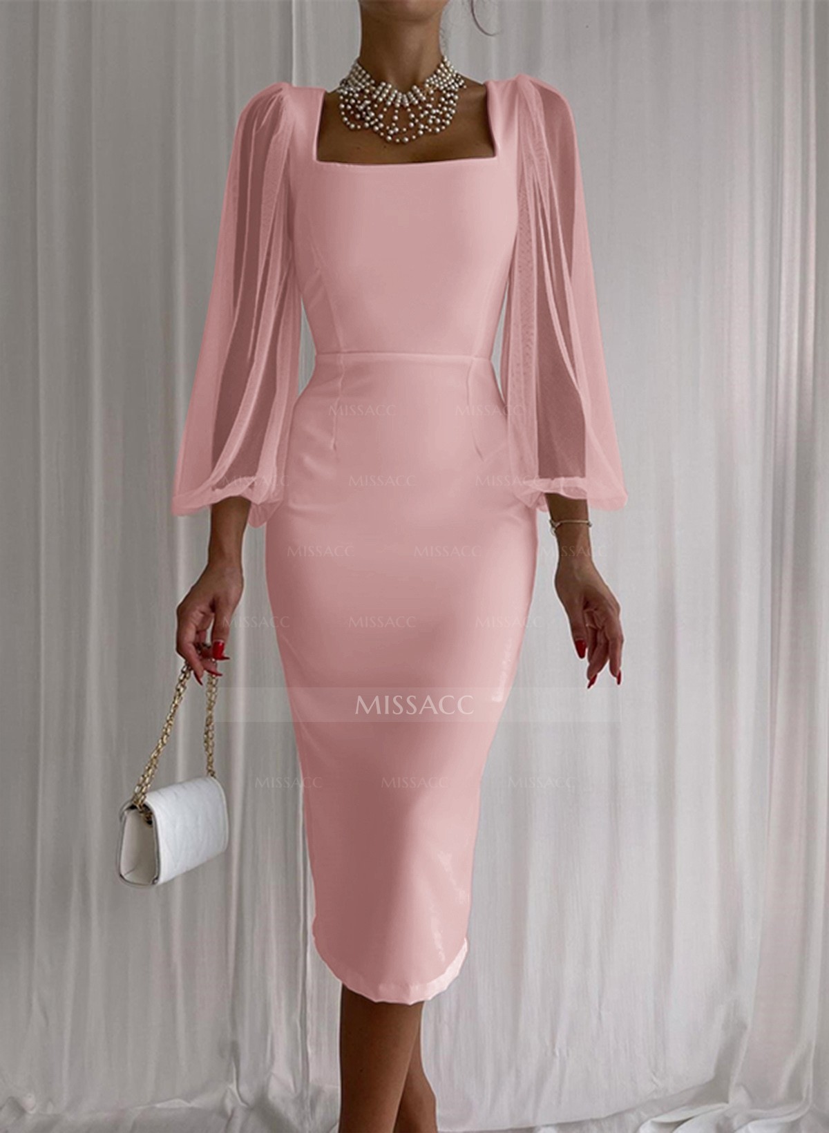 Long Sleeves Square Neckline Sheath/Column Elastic Satin Cocktail