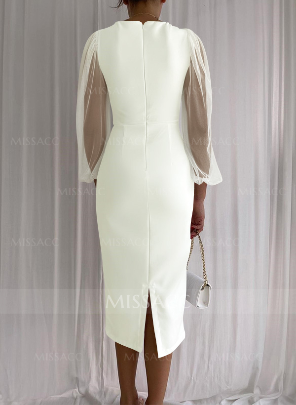 Sheath Column Square Neckline Long Sleeves Tea-Length Tulle Elastic Satin Cocktail Dresses With