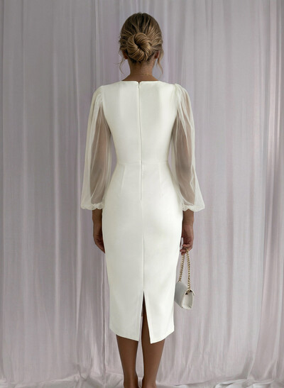 Sheath Column Square Neckline Long Sleeves Tea-Length Tulle Elastic Satin Cocktail Dresses With