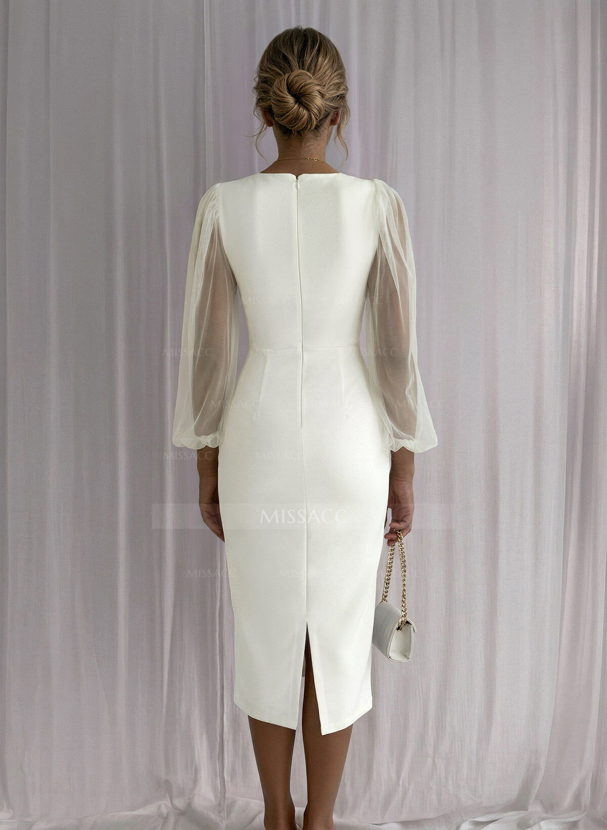 Sheath Column Square Neckline Long Sleeves Tea-Length Tulle Elastic Satin Cocktail Dresses With