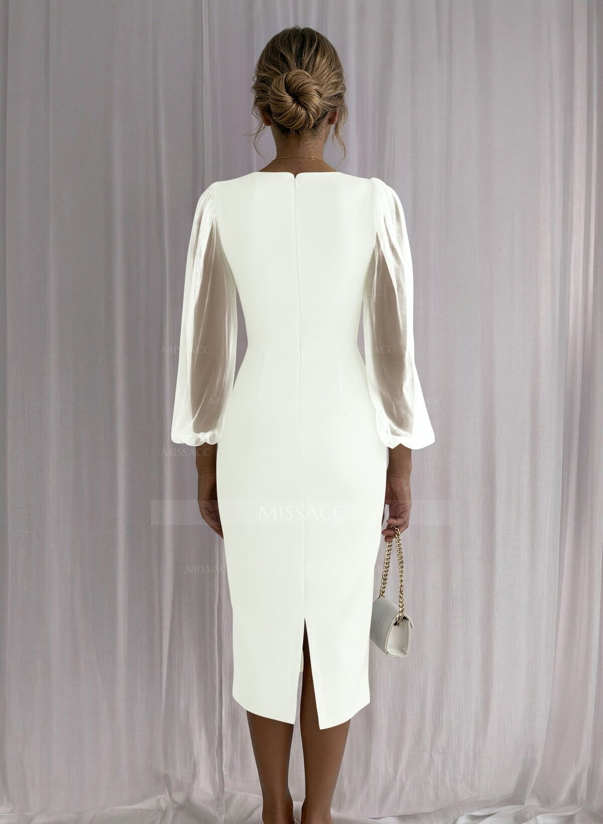 Sheath Column Square Neckline Long Sleeves Tea-Length Tulle Elastic Satin Cocktail Dresses With