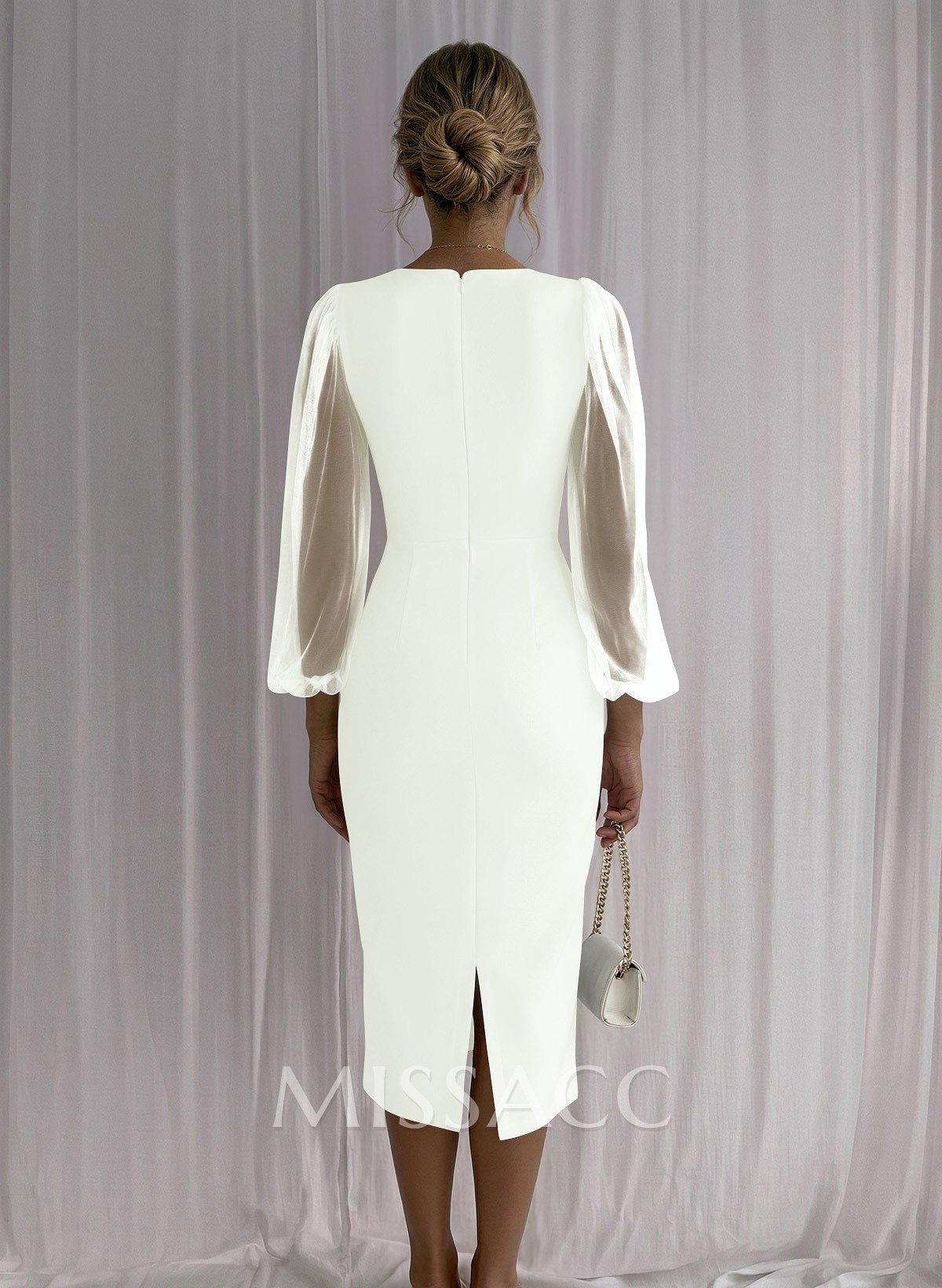 Sheath Column Square Neckline Long Sleeves Tea-Length Tulle Elastic Satin Cocktail Dresses With