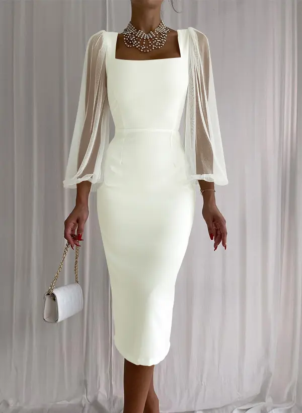 Sheath Column Square Neckline Long Sleeves Knee-Length Tulle Elastic Satin Cocktail Dresses With Sheath Column Square Neckline Long Sleeves Knee-Length Tulle Elastic Satin Cocktail Dresses With