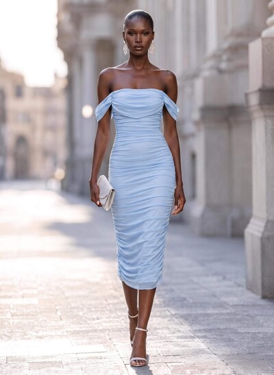 Sheath/Column Off-The-Shoulder Sleeveless Tea-Length Chiffon Cocktail Dresses