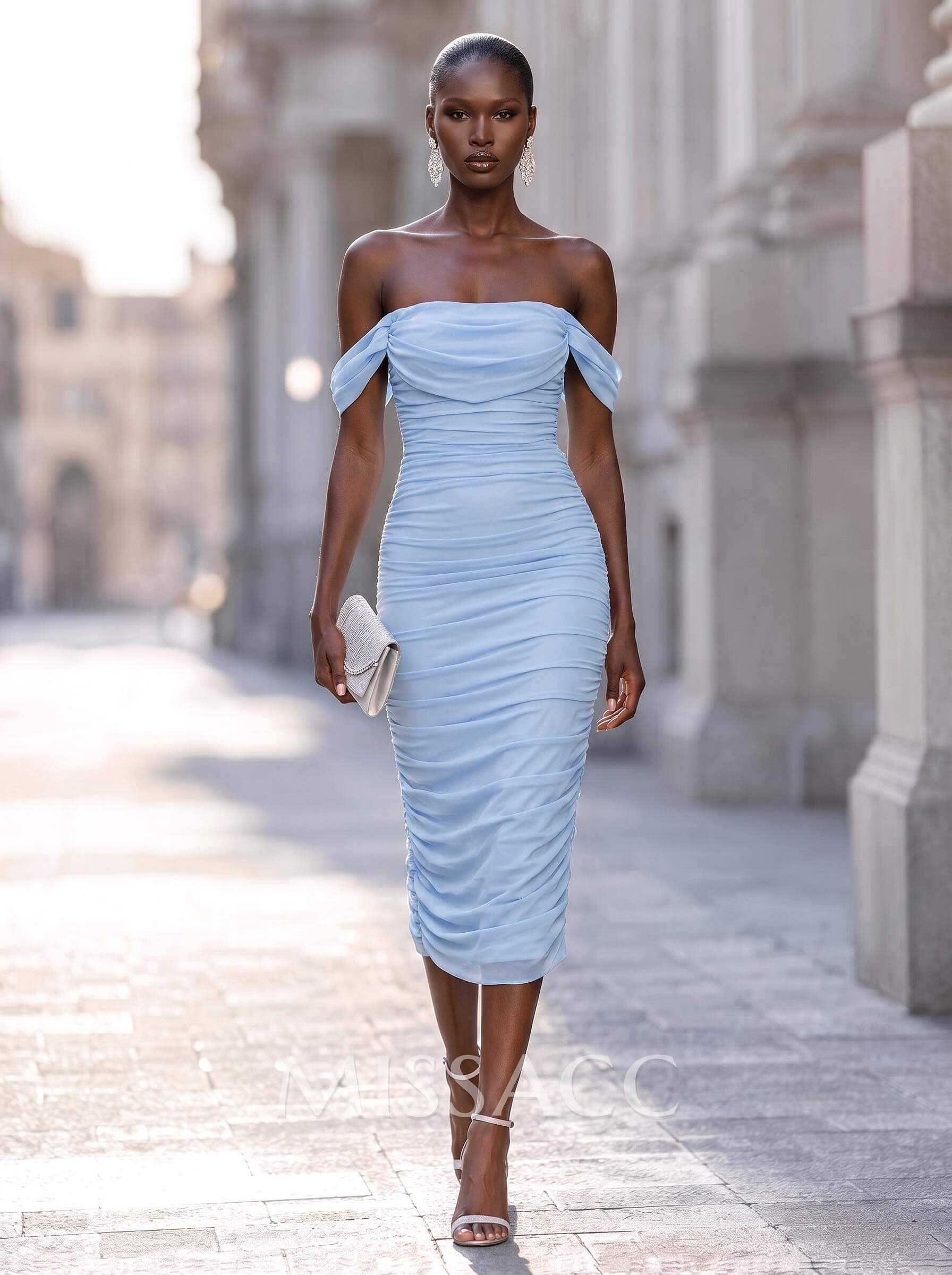Sheath/Column Off-The-Shoulder Sleeveless Tea-Length Chiffon Cocktail Dresses