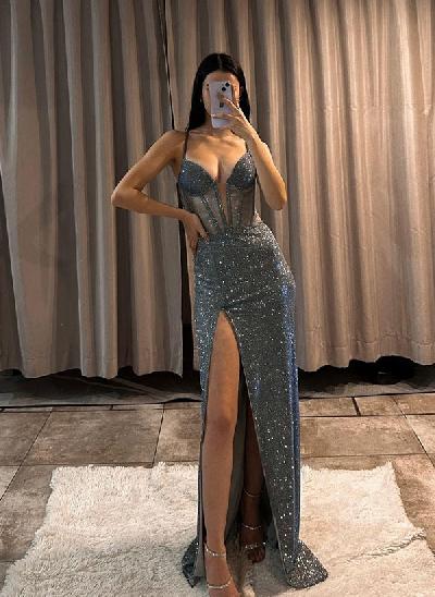 Sheath Sleeveless Sweep Train Sequined Evening Dresses With Split Front