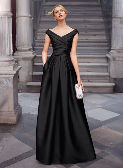 A-Line Satin Pockets Evening Dresses With Cap Shoulder