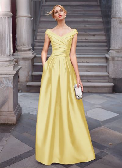 A-Line Satin Pockets Evening Dresses With Cap Shoulder