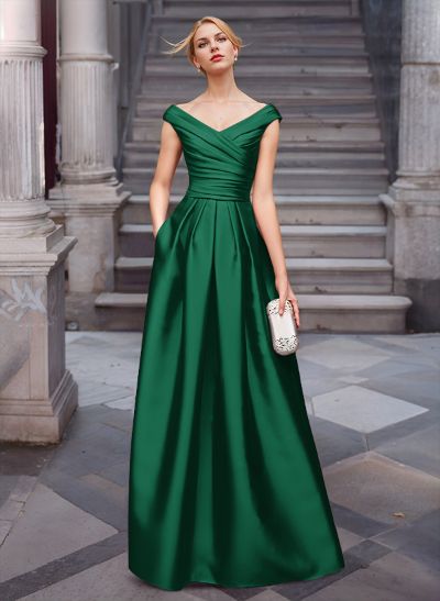 A-Line Satin Pockets Evening Dresses With Cap Shoulder