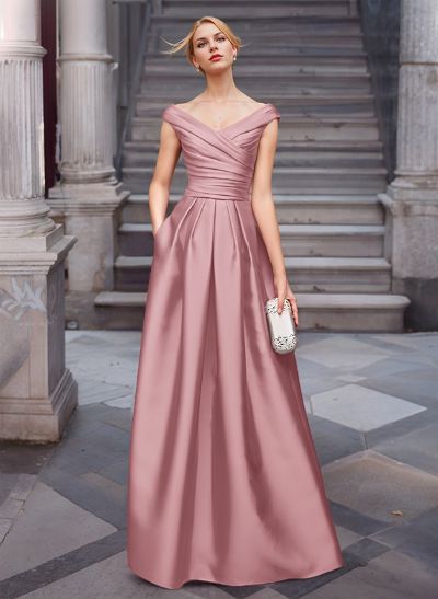 A-Line Satin Pockets Evening Dresses With Cap Shoulder