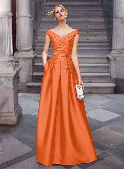 A-Line Satin Pockets Evening Dresses With Cap Shoulder