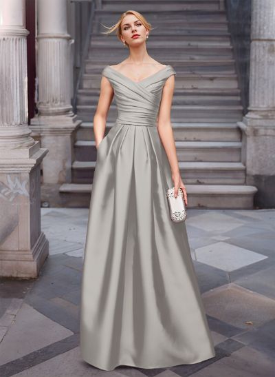 A-Line Satin Pockets Evening Dresses With Cap Shoulder