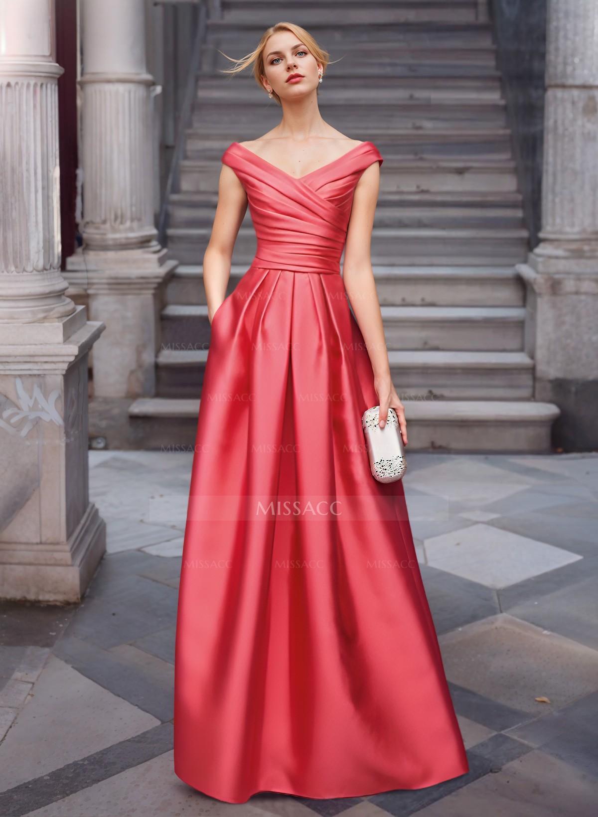 A-Line Satin Pockets Evening Dresses With Cap Shoulder