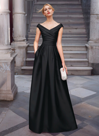 A-Line Satin Pockets Evening Dresses With Cap Shoulder