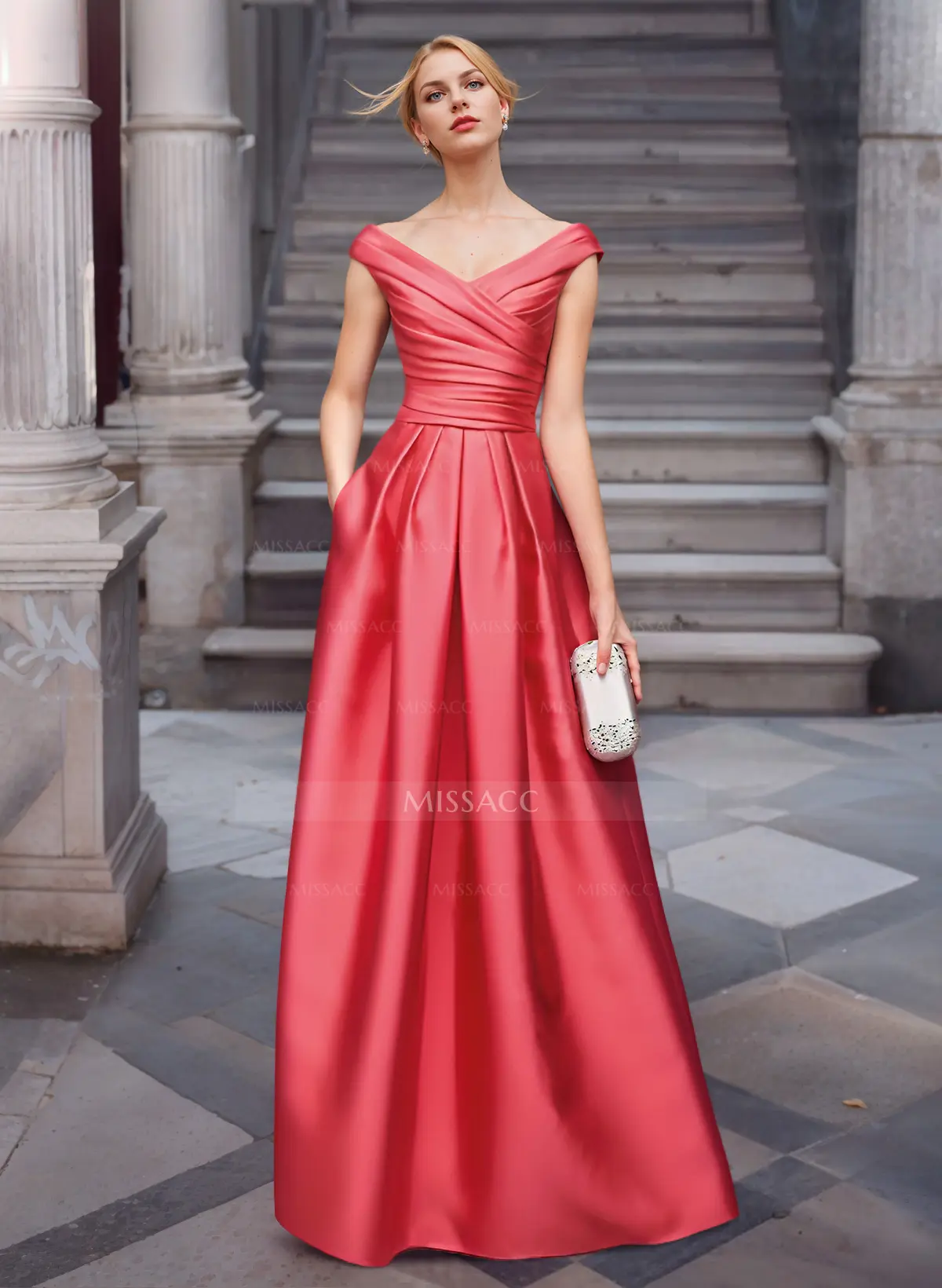 A-Line Satin Pockets Evening Dresses With Cap Shoulder - Missacc Italy