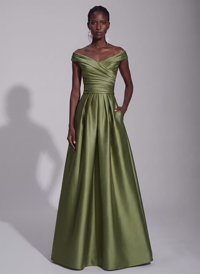 A-Line Satin Pockets Evening Dresses With Cap Shoulder