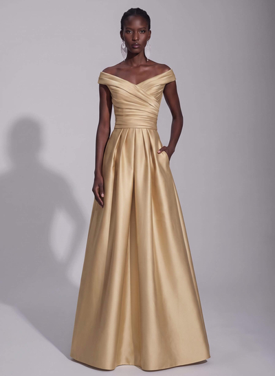 A-Line Satin Pockets Evening Dresses With Cap Shoulder