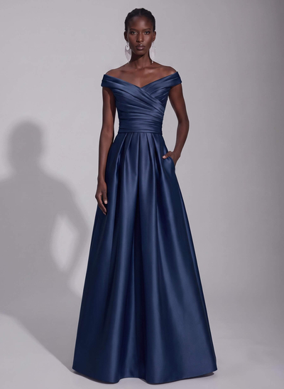 A-Line Satin Pockets Evening Dresses With Cap Shoulder