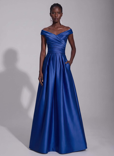A-Line Satin Pockets Evening Dresses With Cap Shoulder