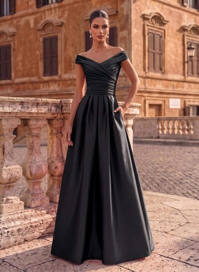 A-Line Satin Pockets Evening Dresses With Cap Shoulder