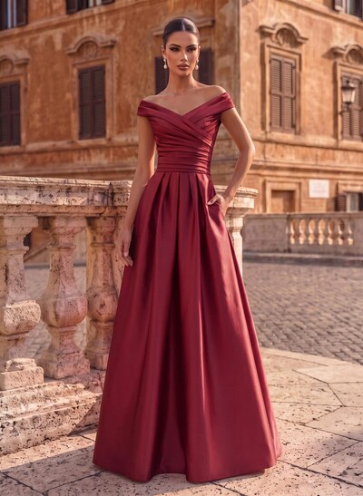 A-Line Satin Pockets Evening Dresses With Cap Shoulder