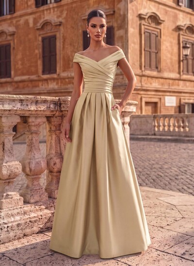 A-Line Satin Pockets Evening Dresses With Cap Shoulder