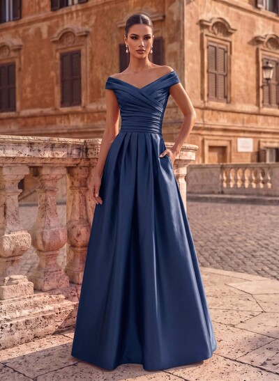 A-Line Satin Pockets Evening Dresses With Cap Shoulder