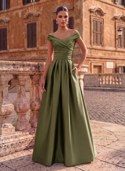 A-Line Satin Pockets Evening Dresses With Cap Shoulder