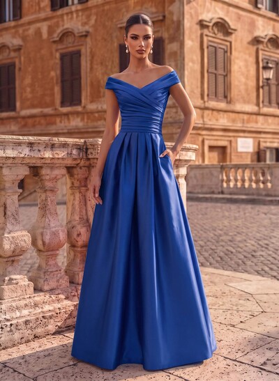 A-Line Satin Pockets Evening Dresses With Cap Shoulder