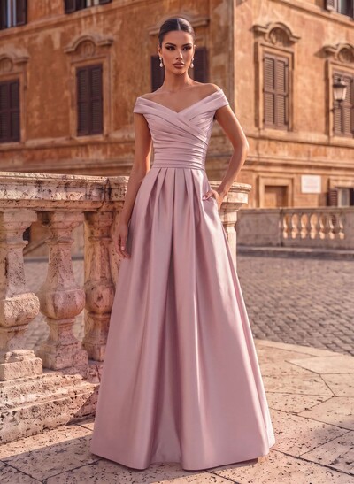 A-Line Satin Pockets Evening Dresses With Cap Shoulder