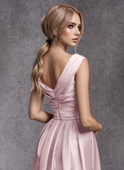 A-Line V-Neck Sleeveless Floor-Length Satin Bridesmaid Dresses With Ruffle