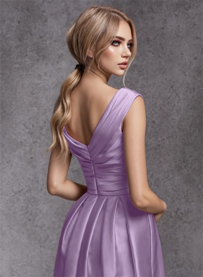 A-Line V-Neck Sleeveless Floor-Length Satin Evening Dresses With Ruffle