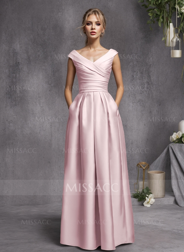 Elegant A-Line V-Neck Ruched Waist Floor-Length Satin Evening Dresses