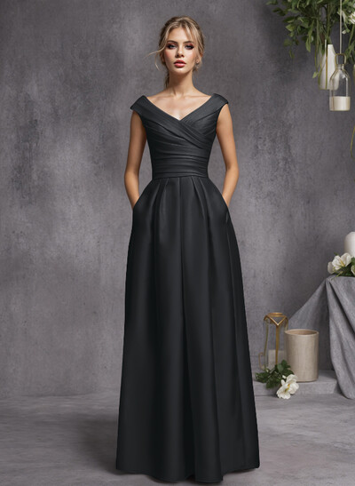 Elegant A-Line V-Neck Ruched Waist Floor-Length Satin Evening Dresses