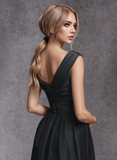 Elegant A-Line V-Neck Ruched Waist Floor-Length Satin Evening Dresses