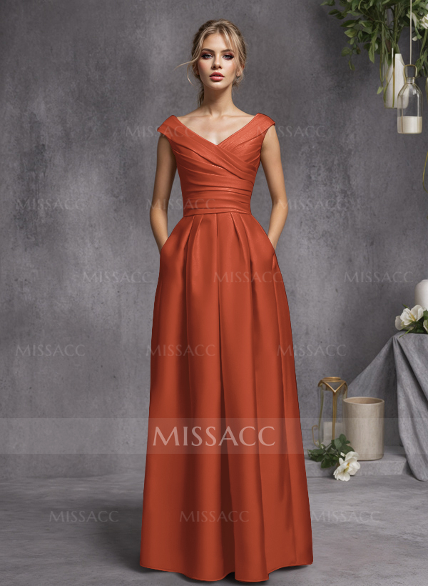 Elegant A-Line V-Neck Ruched Waist Floor-Length Satin Evening Dresses $139