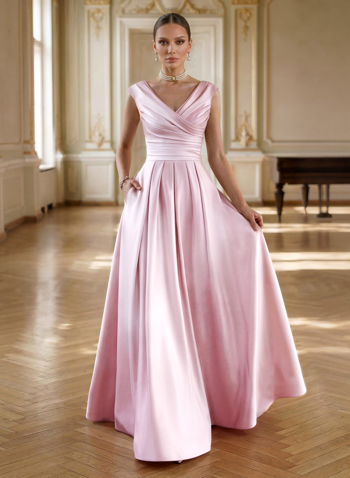 Elegante Abendkleider Aus Satin In A-Linie Mit V-Ausschnitt Und Geraffter Taille In Bodenlänge