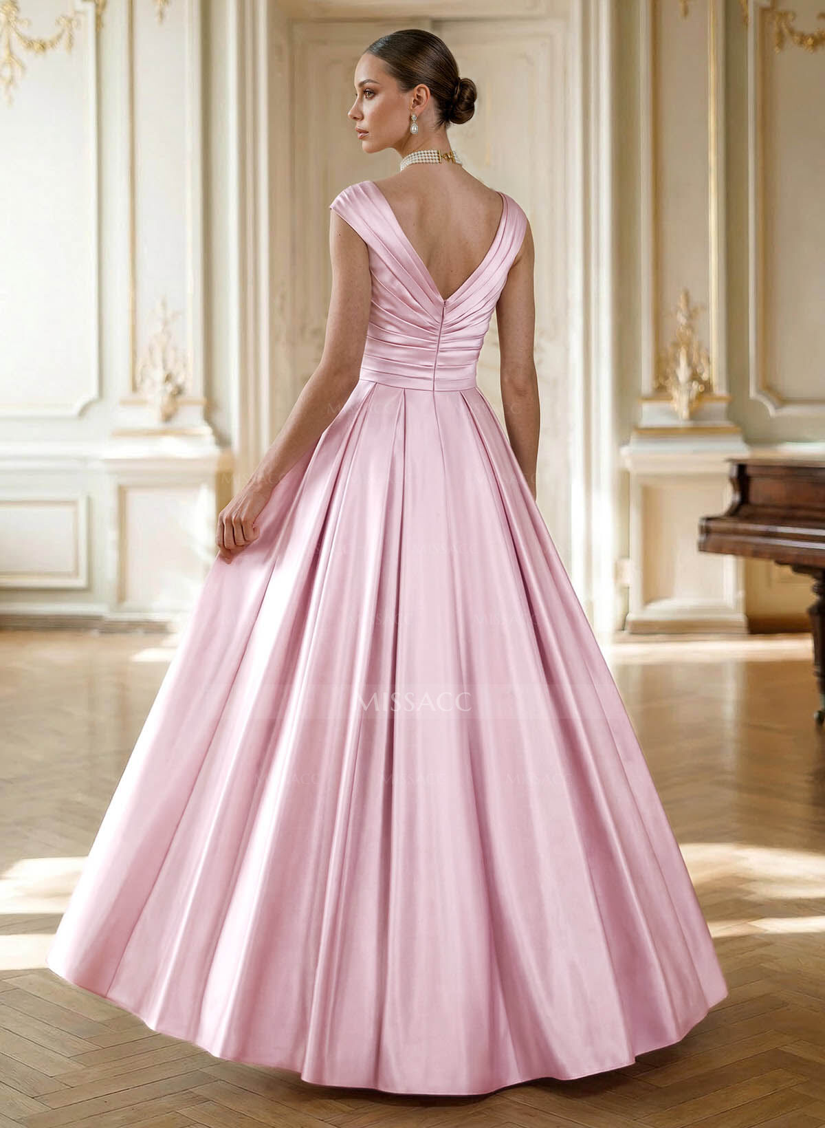 Elegant A-Line V-Neck Ruched Waist Floor-Length Satin Evening Dresses