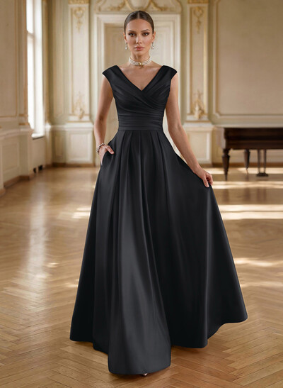 Elegant A-Line V-Neck Ruched Waist Floor-Length Satin Evening Dresses