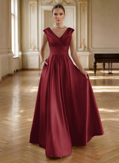 Elegant A-Line V-Neck Ruched Waist Floor-Length Satin Evening Dresses