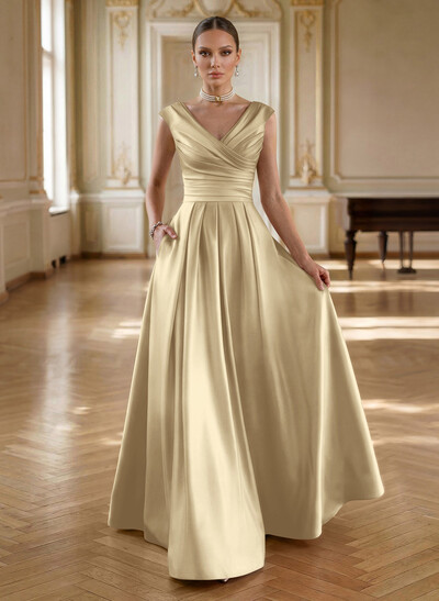 Elegant A-Line V-Neck Ruched Waist Floor-Length Satin Evening Dresses