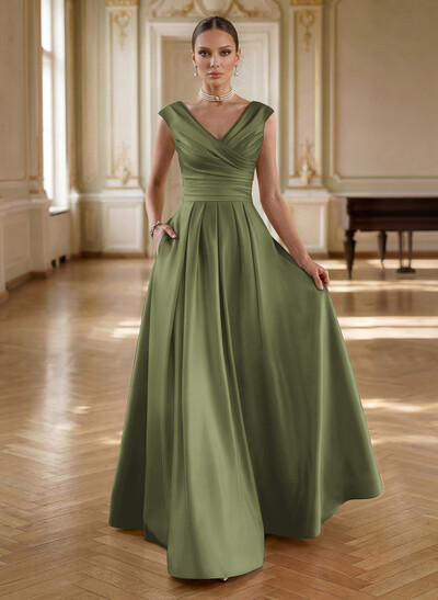 Elegant A-Line V-Neck Ruched Waist Floor-Length Satin Evening Dresses