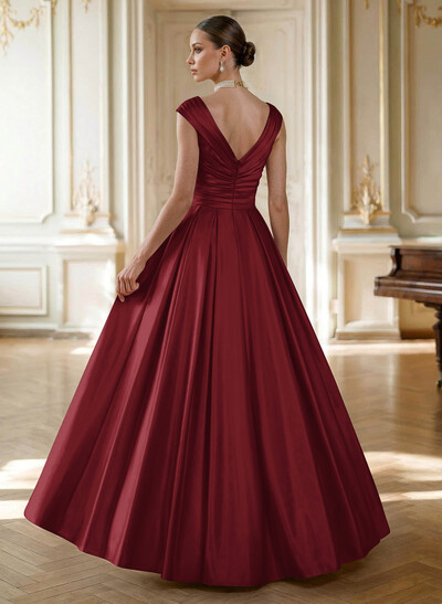 Elegant A-Line V-Neck Ruched Waist Floor-Length Satin Evening Dresses
