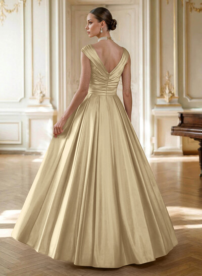 Elegant A-Line V-Neck Ruched Waist Floor-Length Satin Evening Dresses