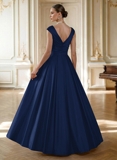 Elegant A-Line V-Neck Ruched Waist Floor-Length Satin Evening Dresses