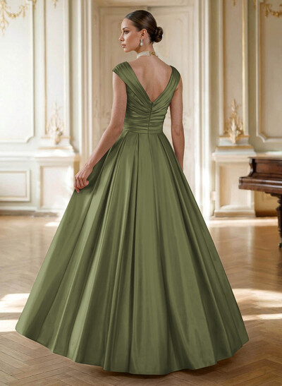 Elegant A-Line V-Neck Ruched Waist Floor-Length Satin Evening Dresses